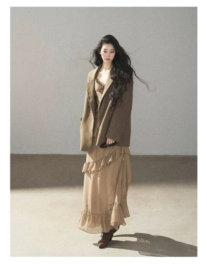 AOMALM - Cinnamon Gray-Brown Ruffle Chiffon Maxi Dress