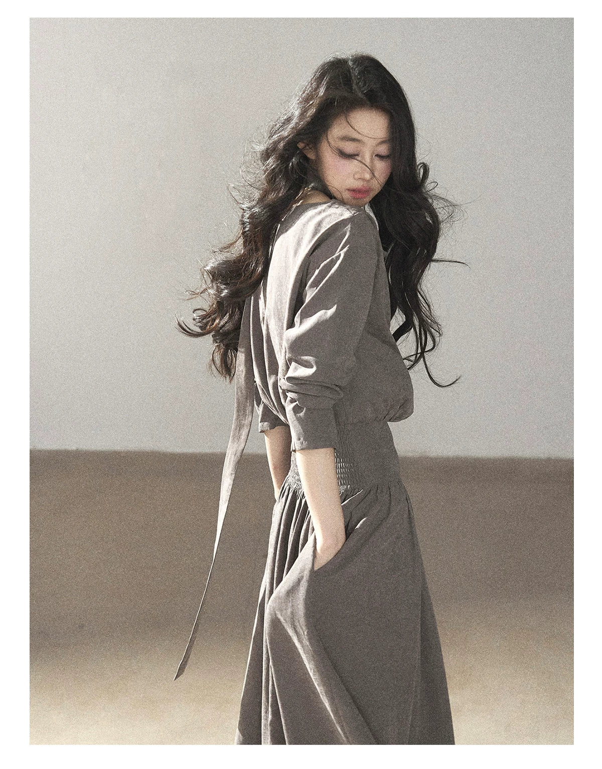 AOMALM - Gray-Purple Pleated Maxi Dress with High-Waisted Cinch Belt
