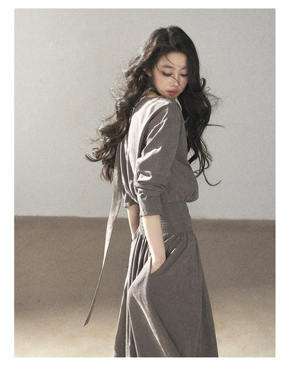 AOMALM - Gray-Purple Pleated Maxi Dress with High-Waisted Cinch Belt