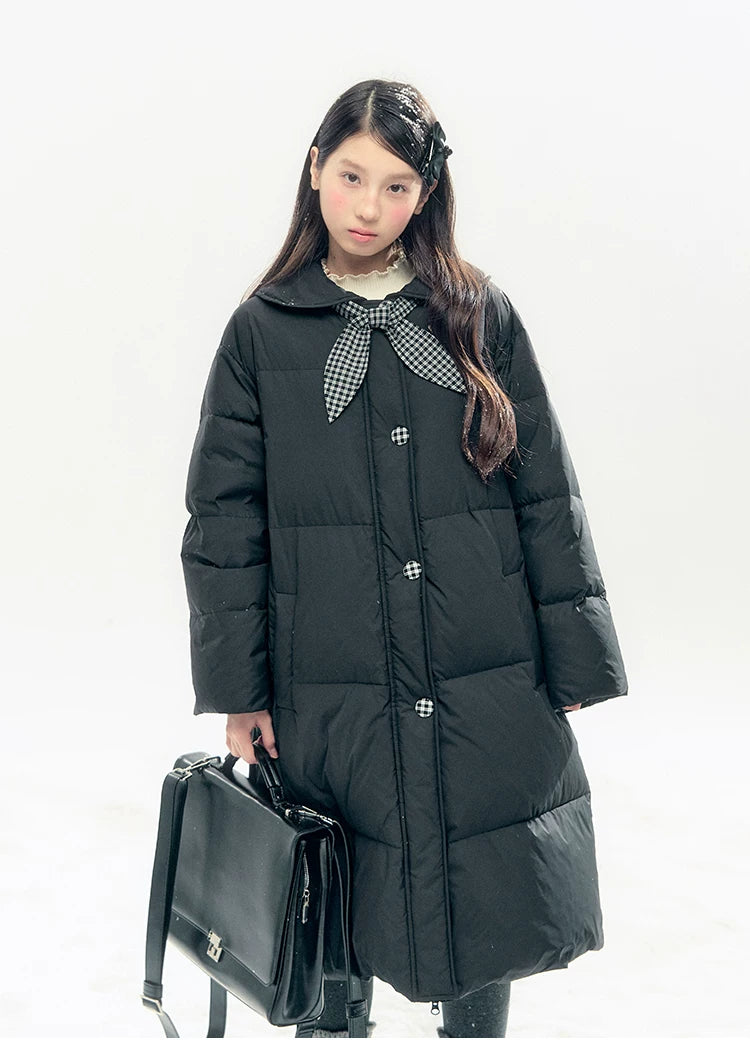 "Starry Night Little Witch" Black Long Down Coat with Detachable Bunny Bow Collar