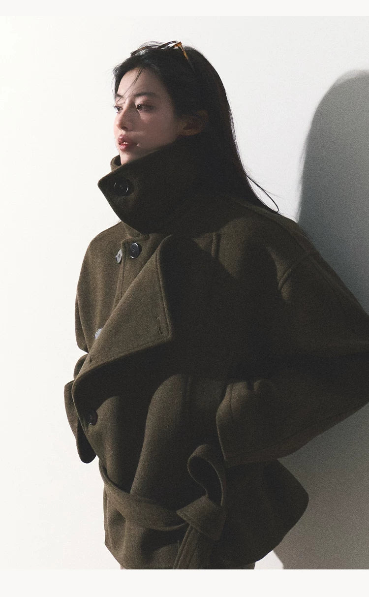 OAKMOO/ "The Flowers Are in Full Bloom" Jade Green Wool-Blend Short Belted Coat