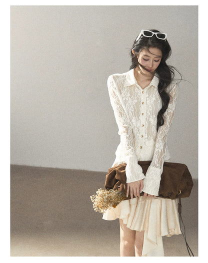 AOMALM - "Vine Texture" Dutch Cream French Lace Polo Collar Cutout Cropped Top
