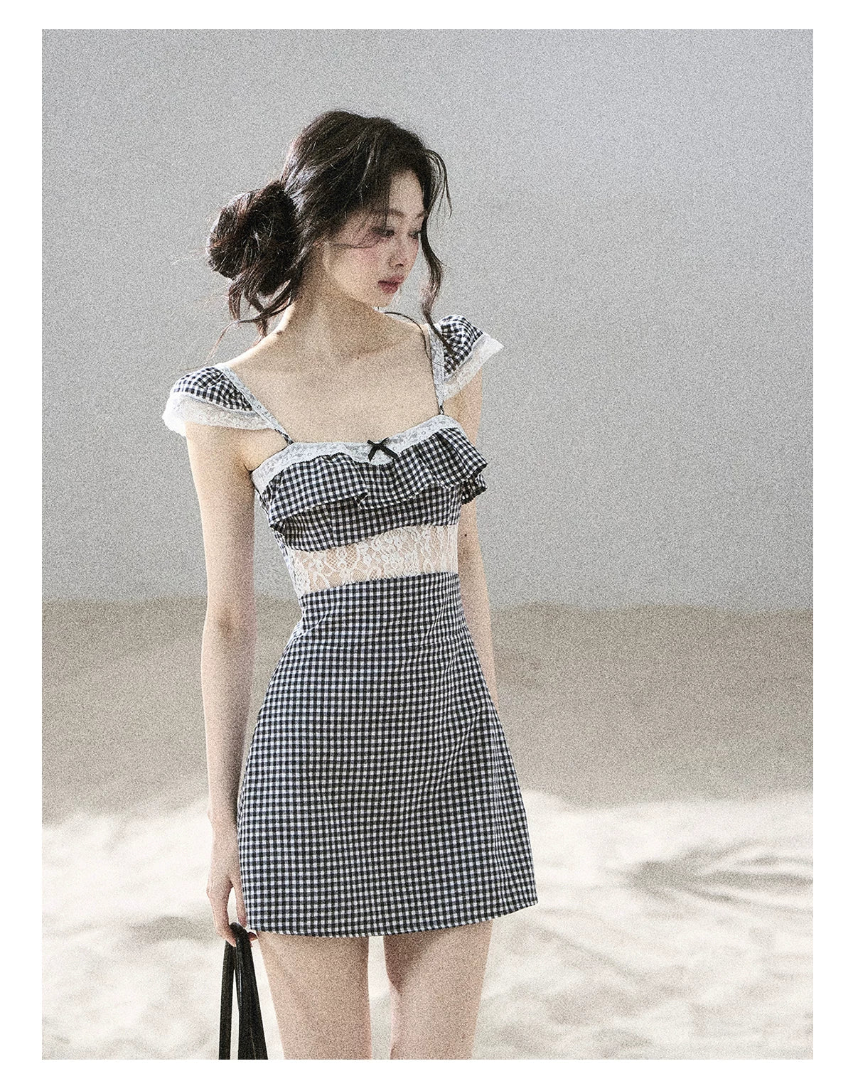"Her in the Old Film" French Lace Plaid A-Line Mini Dress