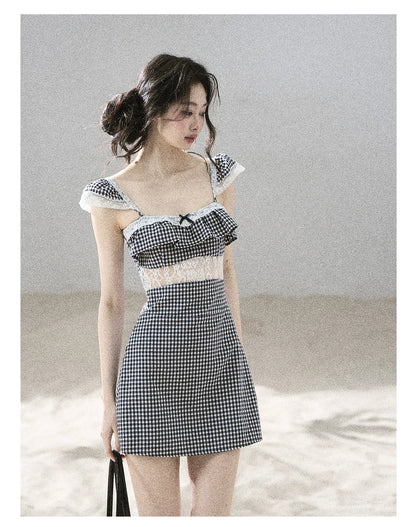 "Her in the Old Film" French Lace Plaid A-Line Mini Dress