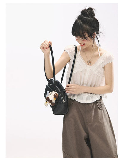 "French Meadow Romance" Ivory Lace Trim Halter Tie V-Neck Cotton Blouse