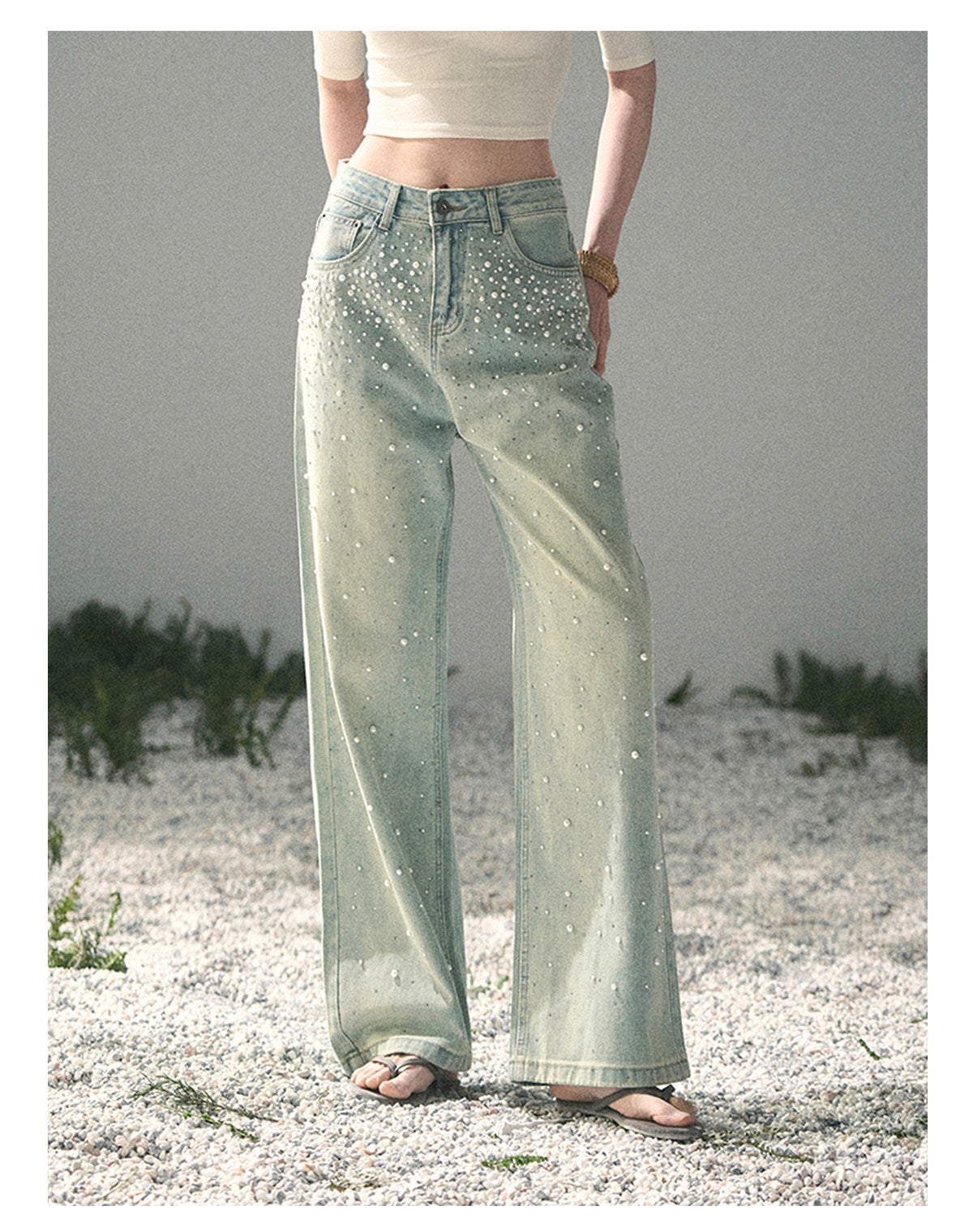 “Blue Shimmer Notes” Vintage Blue Embellished Wide-Leg Jeans