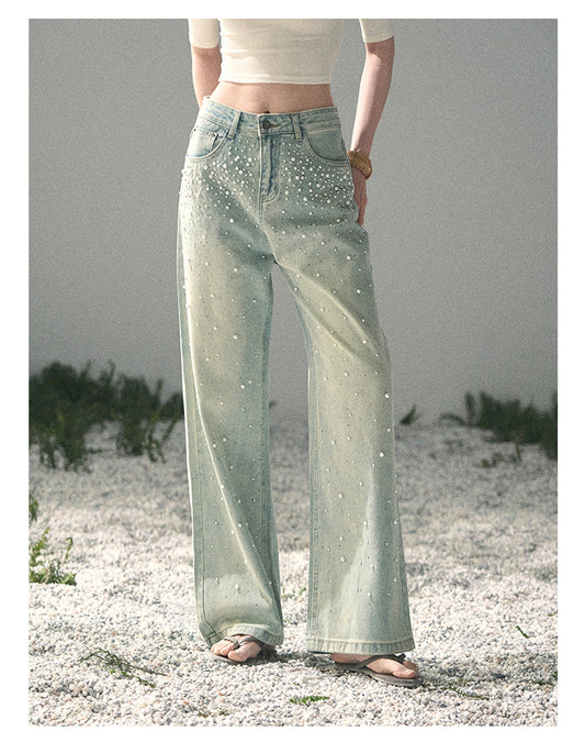 “Blue Shimmer Notes” Vintage Blue Embellished Wide-Leg Jeans