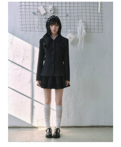 "Showa Girl" Tailored Layered Collection (Blazer / High-Waist Skirt / Victorian Shirt / Mesh Overlay Skirt)