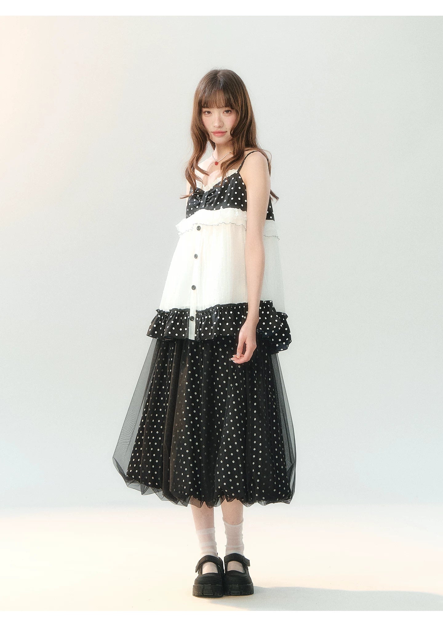 "Midnight Sweet Isle" Black Polka Dot Lace Two-Piece Skirt Set LL2026208