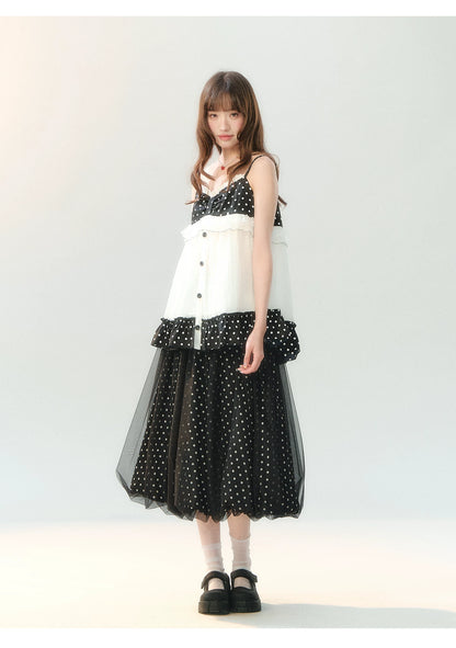 "Midnight Sweet Isle" Black Polka Dot Lace Two-Piece Skirt Set LL2026208