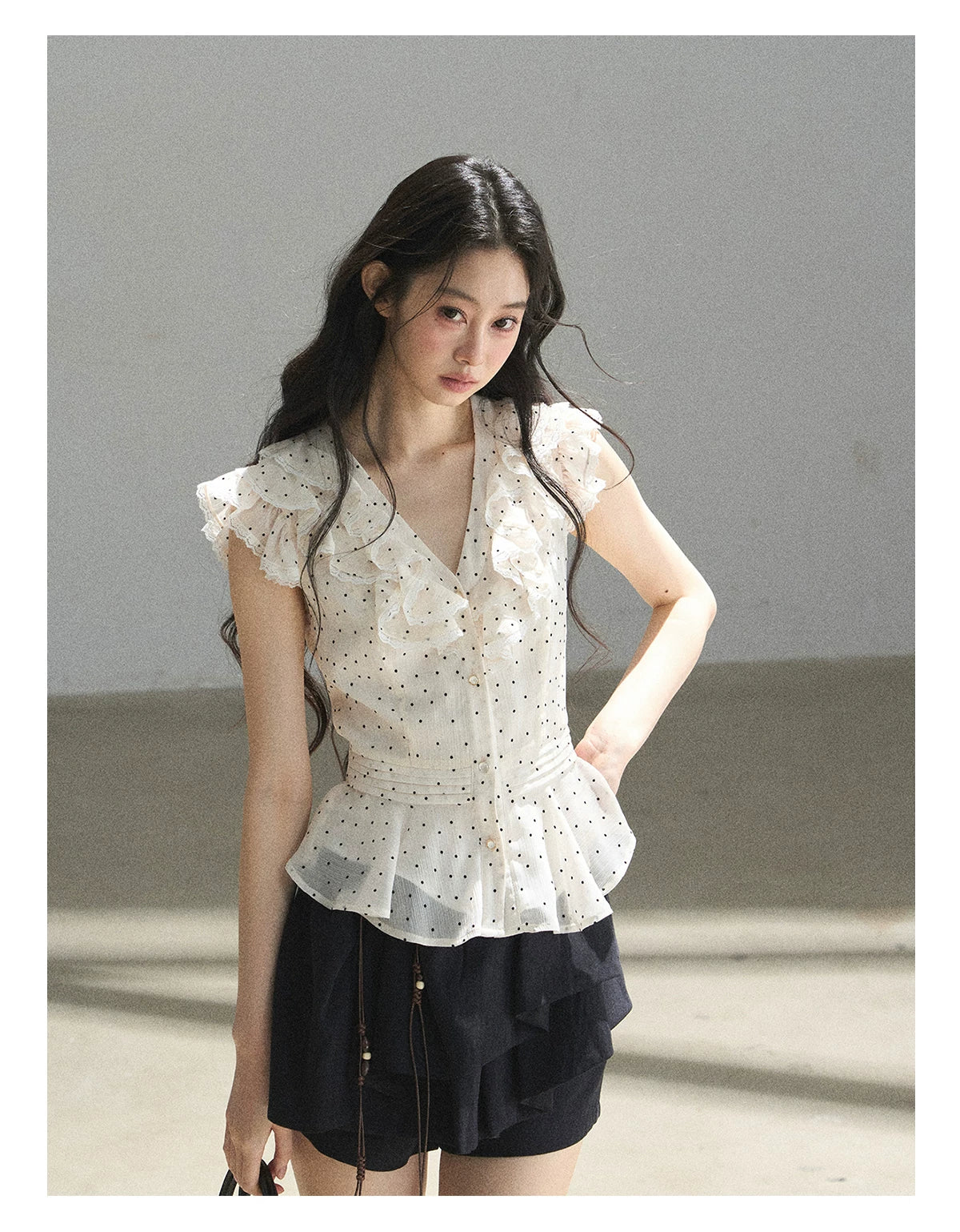 "Falling Into the Galaxy" Cream Ivory Polka Dot Chiffon Blouse