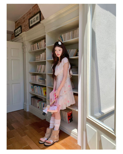 “Cloud Ruffle Reverie” Cream Apricot Floral Ruffle Dress