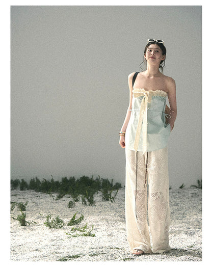 “Blue Whispers on Ivory” Mint Ruffle Bustier Top
