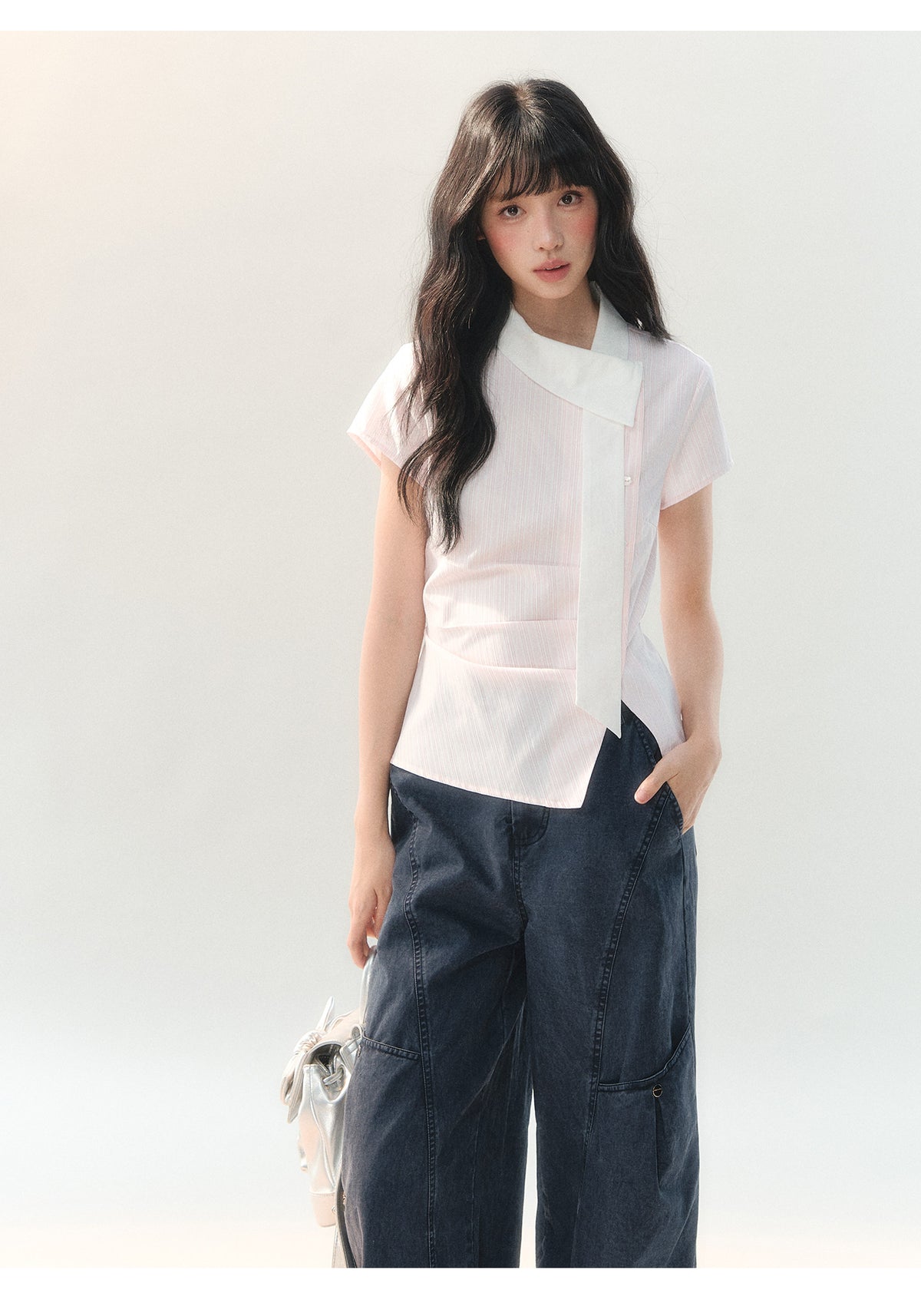 [CAN] "Girl's Getaway" Pink Stripe Ribbon Collar Blouse