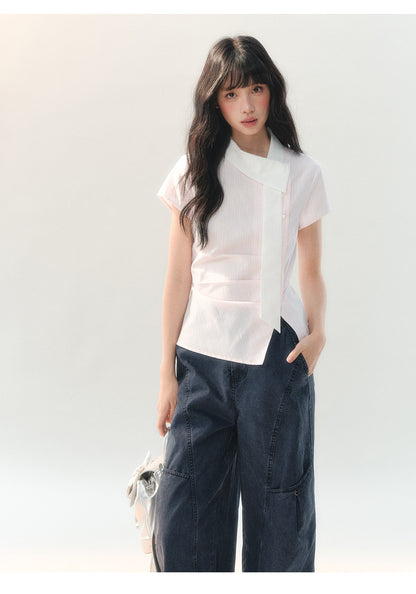 [CAN] "Girl's Getaway" Pink Stripe Ribbon Collar Blouse