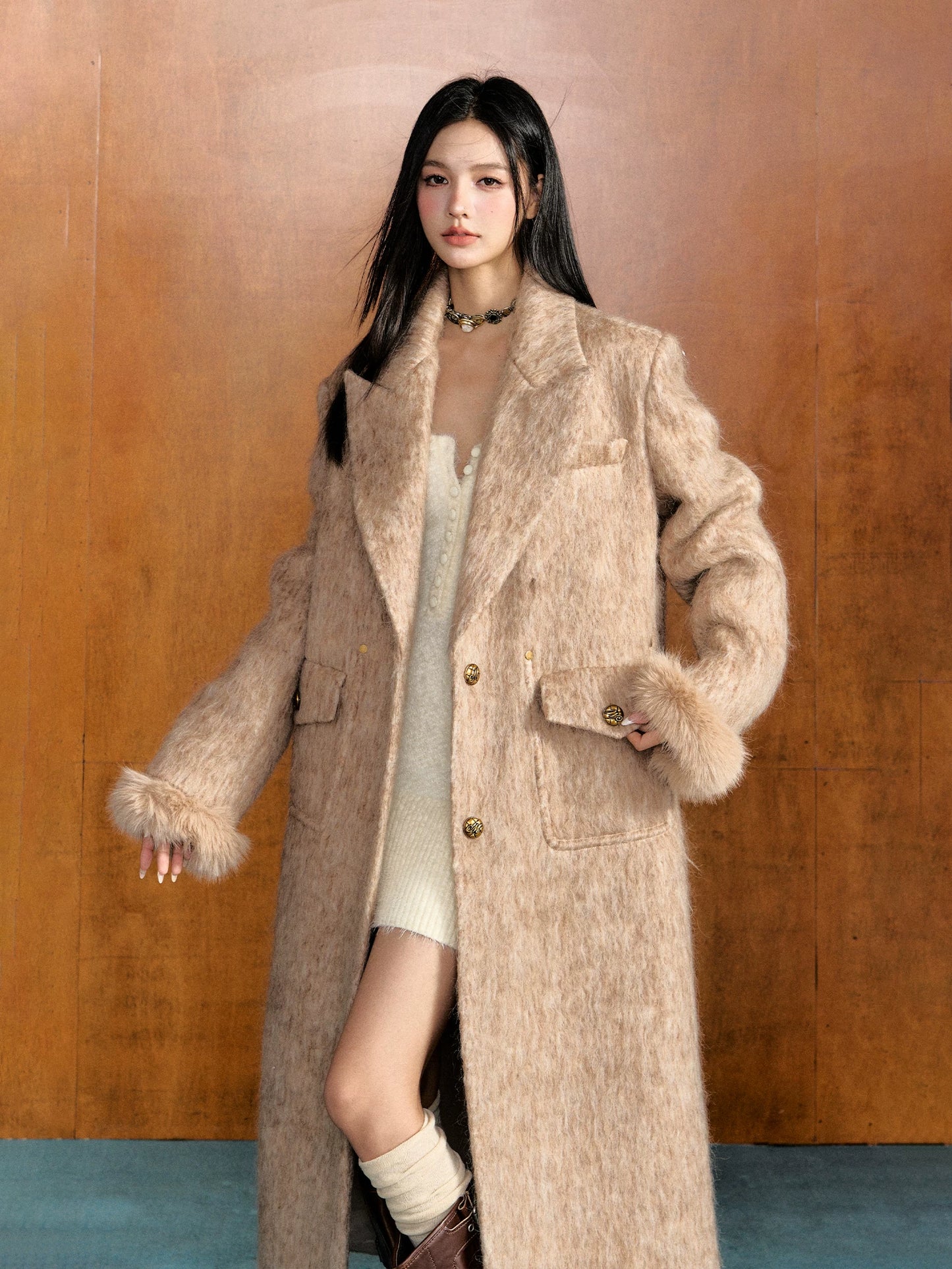 "Autumn in Sepia" Camel Detachable Faux Fur Wool Long Coat