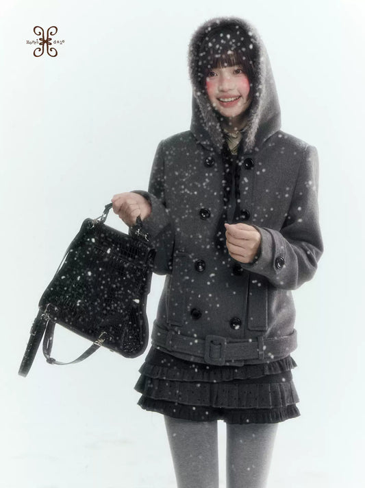 Horridale - Dark Gray Double-Breasted Hooded Wool Blend Coat