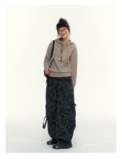 Oatmeal Ribbed-Hem Hooded Knit Sweater