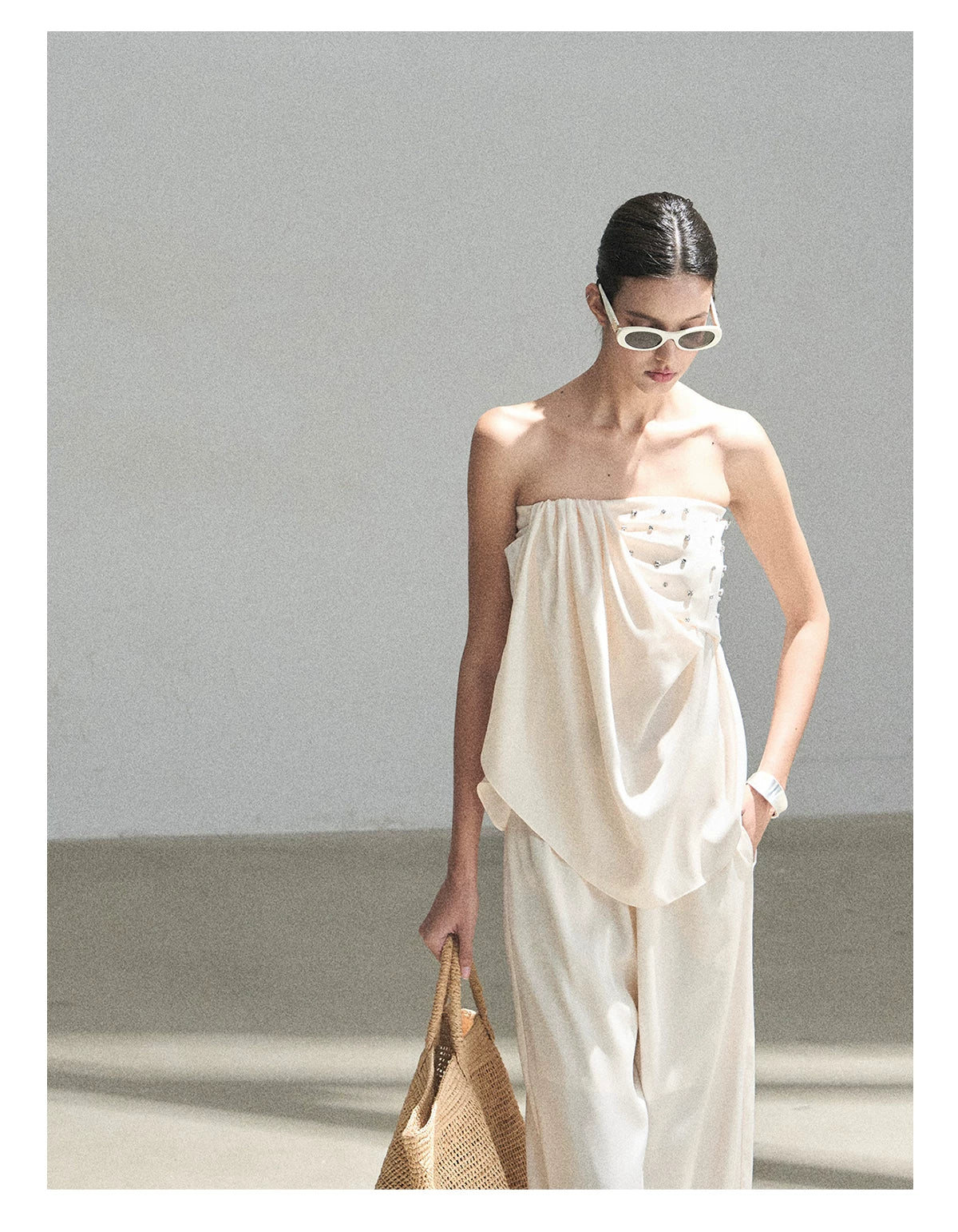 "Summer Rain at Dusk" Cream Beige Satin Two-Piece Set