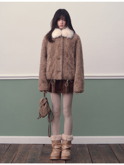 Soote Season - Almond Brown Faux Fur Contrast Collar Cropped Jacket