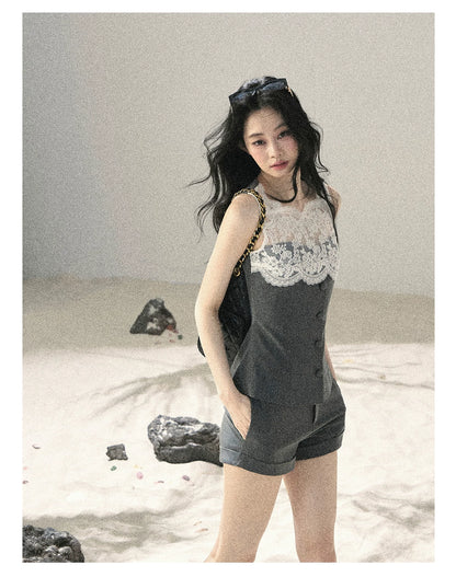 "Blossoms Through the Mist" Moon Mist Gray Lace Top & Tailored Shorts Two-Piece Set