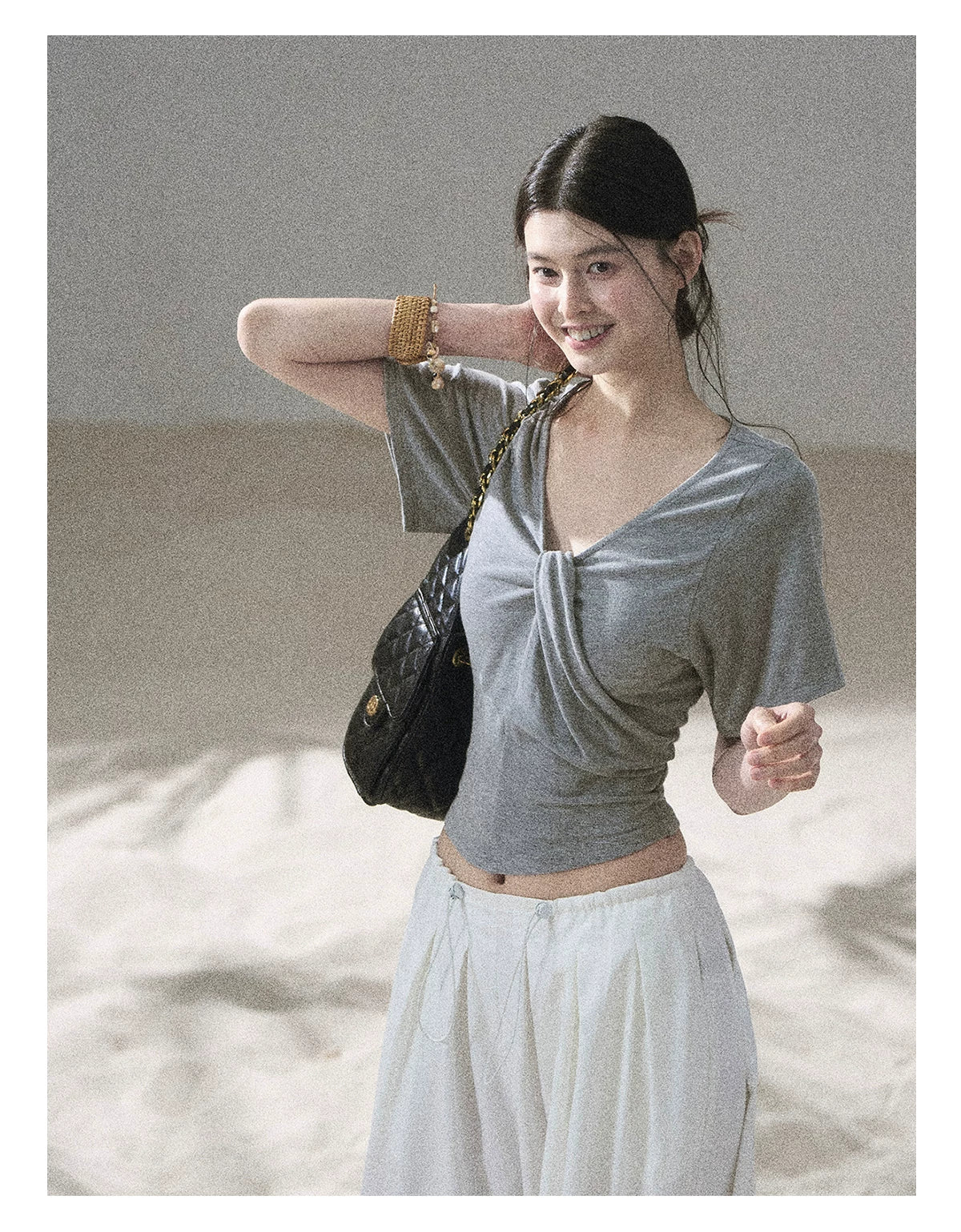 "Moonlight on Water" Twist-Front Cropped T-Shirt (Silver Mink Gray/ Mist Blue)