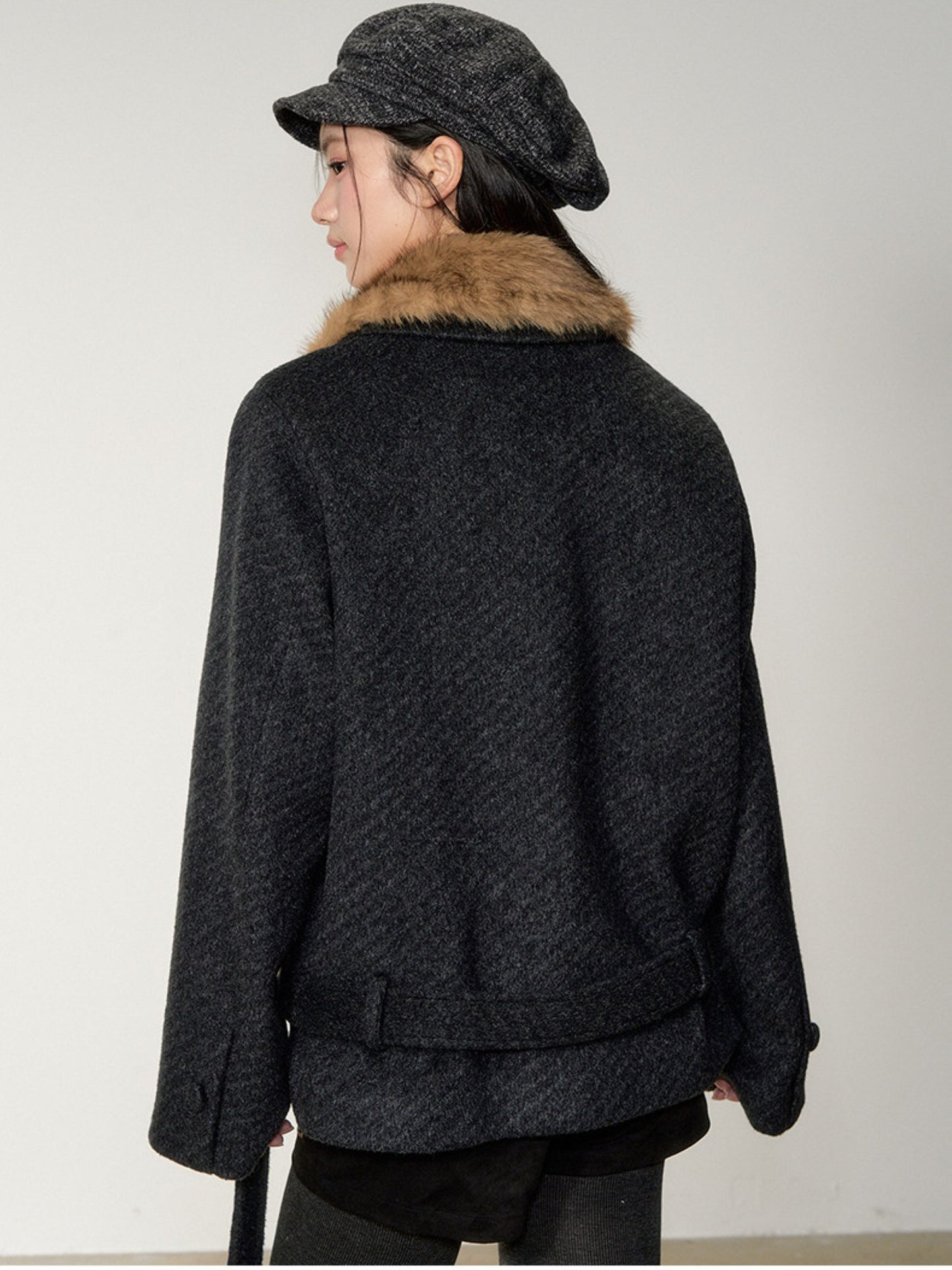 Soote Season - “Retro Twill Grace” Asymmetrical Faux Fur Collar Double-Breasted Wool Coat