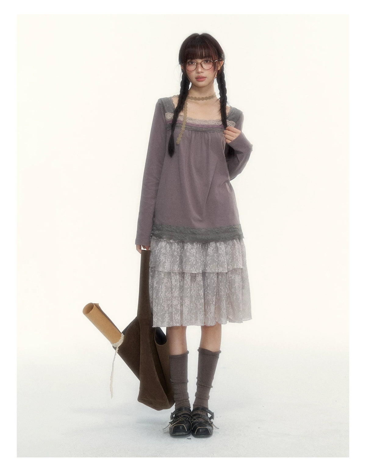 Misty Gray Pink Vintage Lace Tiered A-Line Skirt
