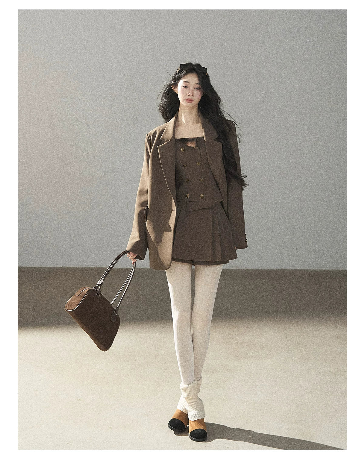 AOMALM - “Evening Breeze in the Valley” Chestnut Brown Blazer, Cami & Pleated Skort Set