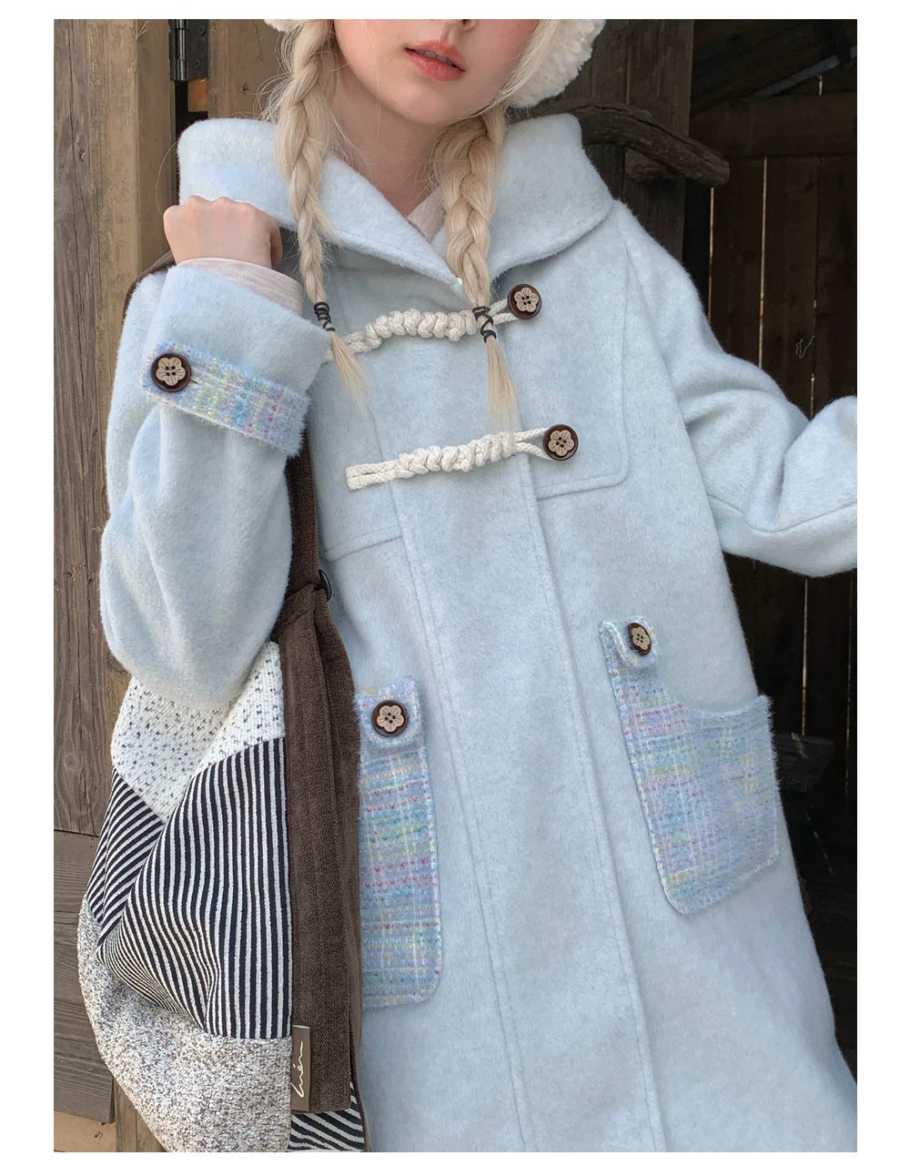 RF - Light Blue Plaid Mid-Length Wool-Blend Coat with Toggle Closures