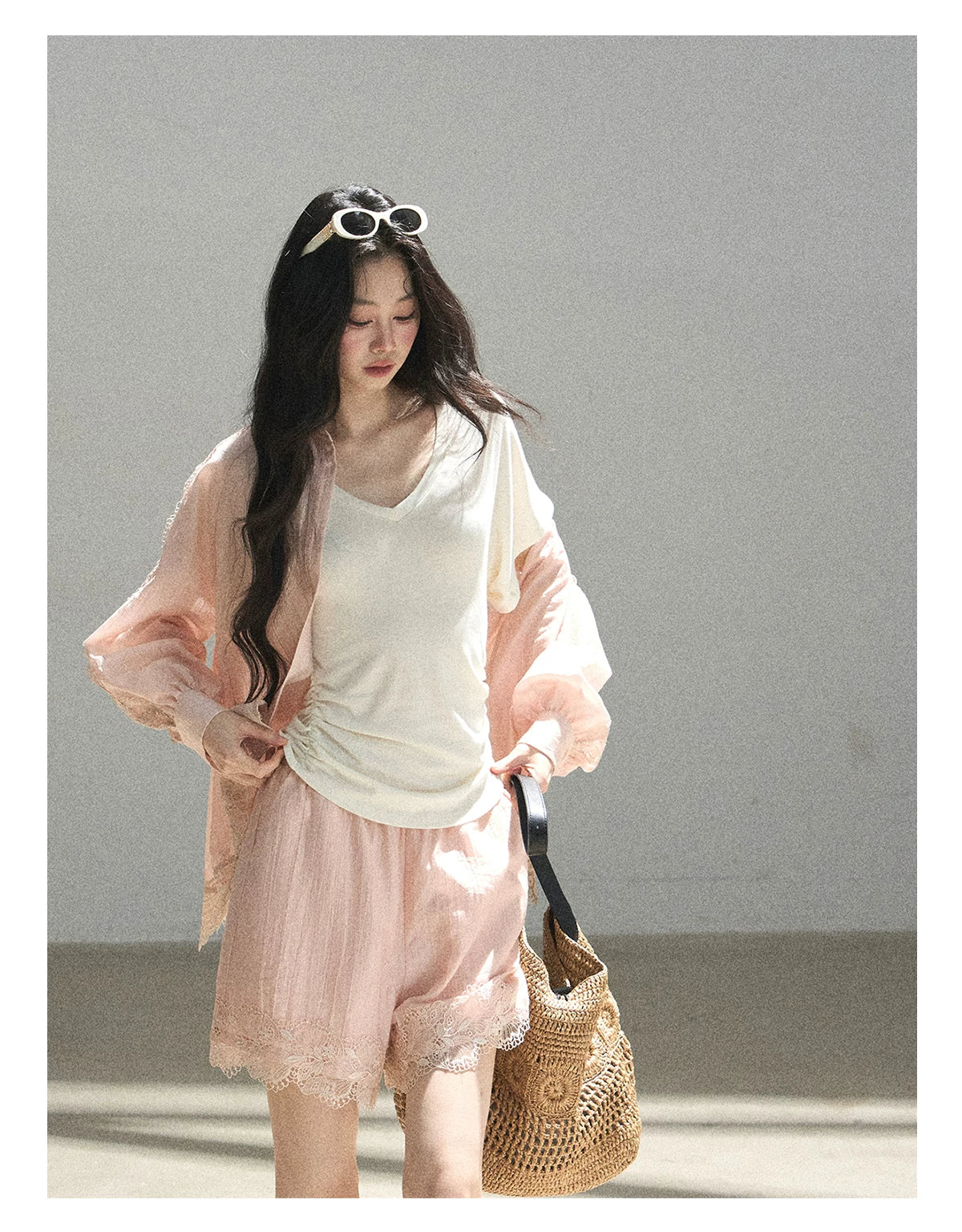 "The First Ray of Sunshine" V-Neck Crop Tee (Ginger Yellow. Creamy Apricot White)