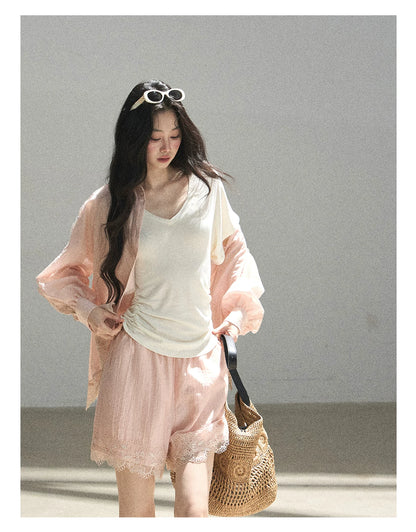"The First Ray of Sunshine" V-Neck Crop Tee (Ginger Yellow. Creamy Apricot White)