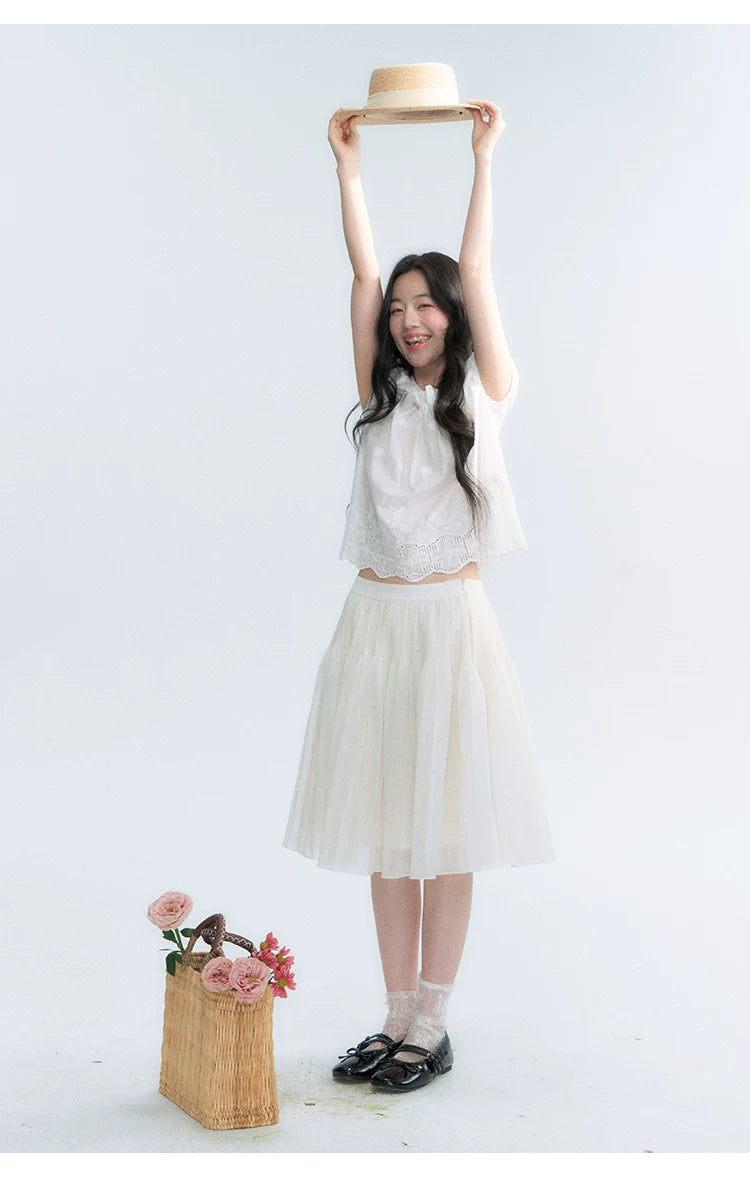 "Light Steps" Oat Apricot Pleated Lace Midi Skirt