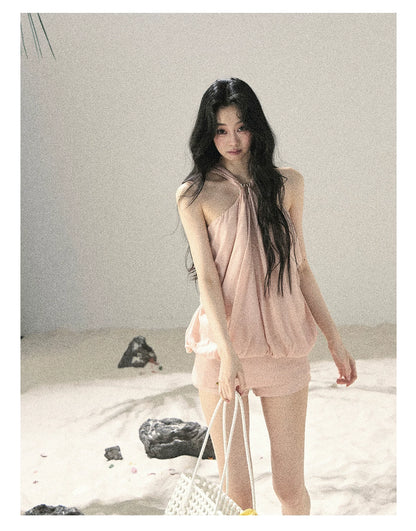 "Soft Luminous Glow" Misty Pink Halter Top & High-Waisted Skort Two-Piece Set