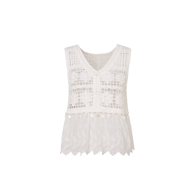 White Floral Embroidery Crochet-Detail Blouse