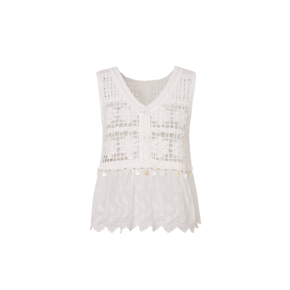 White Floral Embroidery Crochet-Detail Blouse