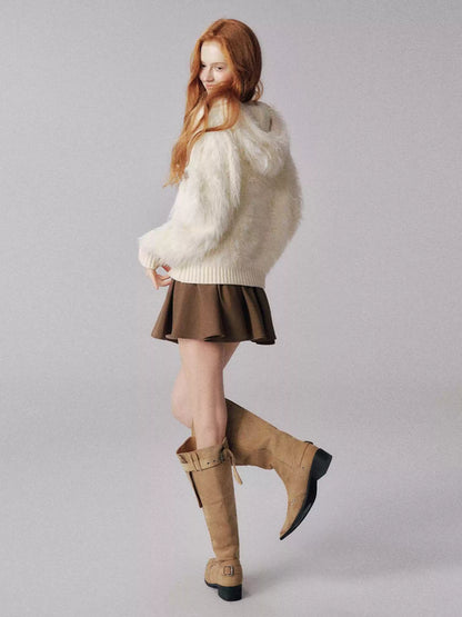 "可可焦糖" Khaki Ruffle-Waist Puff Mini Skirt - MIU-Inspired
