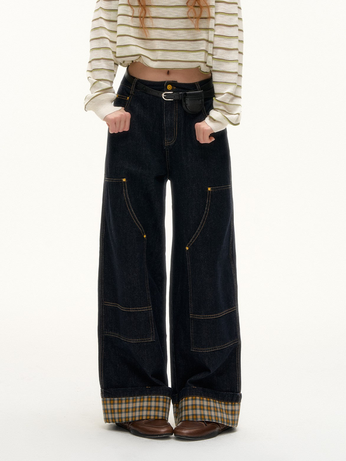 ASGONY - Plaid Cuff Contrast Wide-Leg Raw Denim Jeans (Yellow Plaid)
