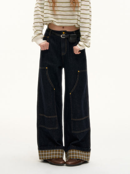 ASGONY - Plaid Cuff Contrast Wide-Leg Raw Denim Jeans (Yellow Plaid)