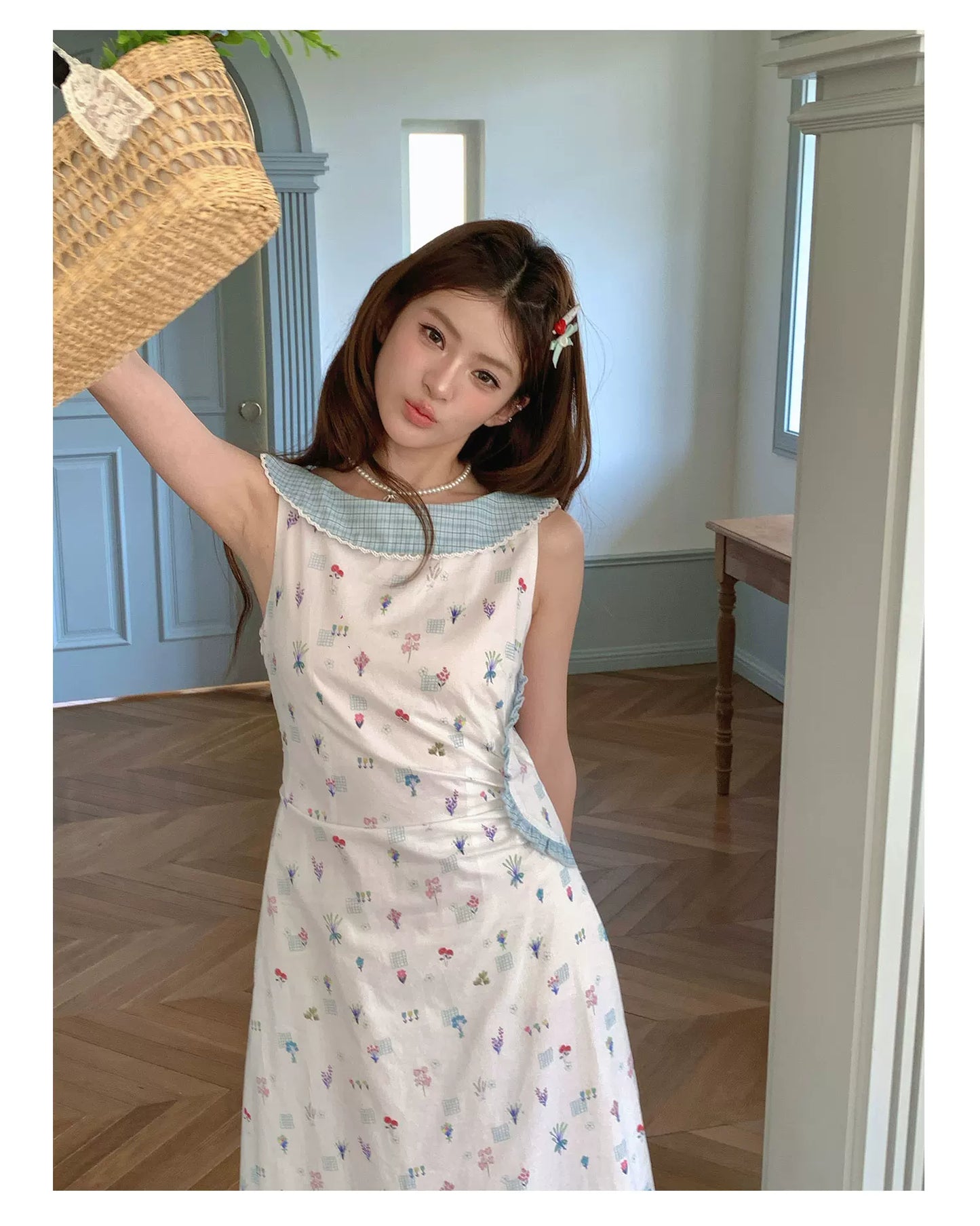 “Blue Meadow Letter” Misty Blue Floral Maxi Dress