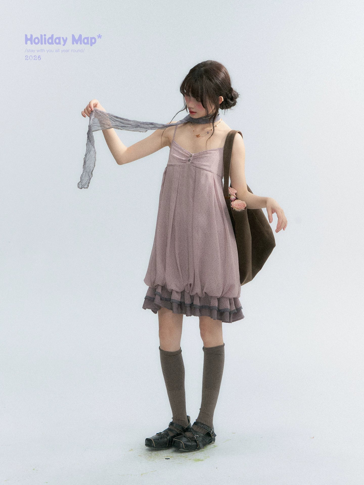 "Misty Lavender Reverie" Vintage Floral Lace Trim Midi Slip Dress