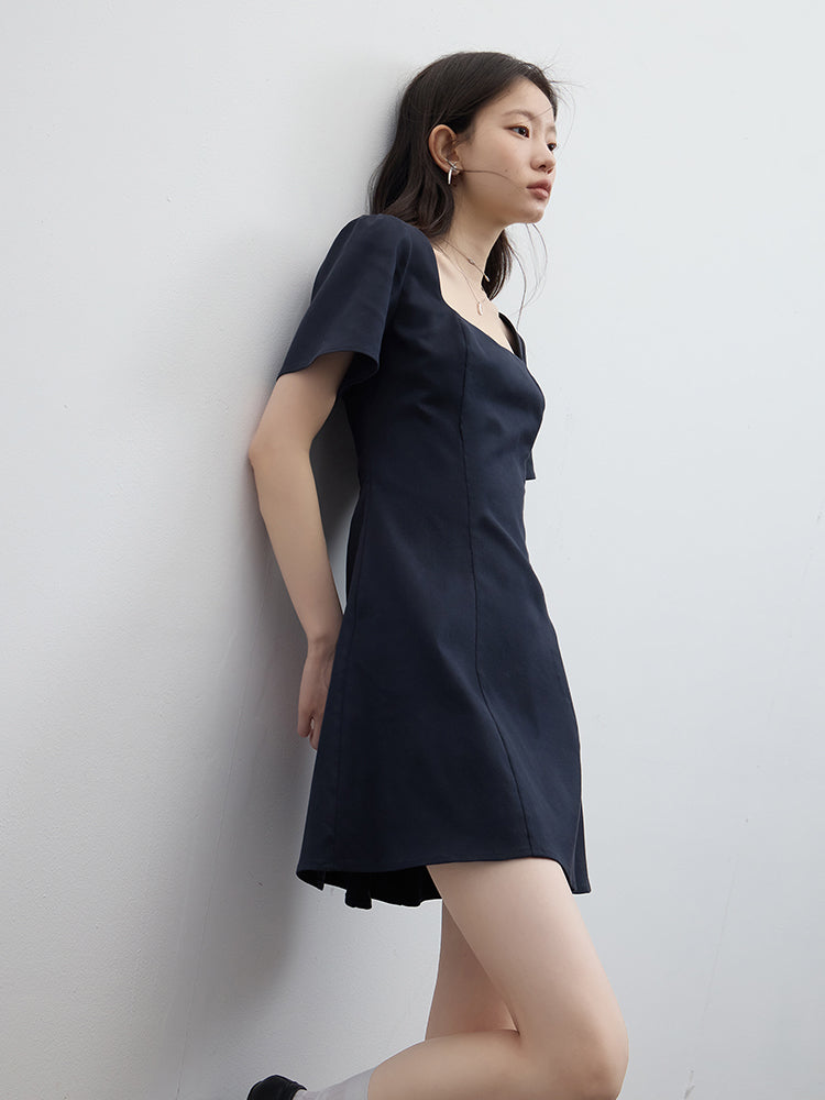 FUSSED Elegant Lady Square-Neck Linen-Cotton Dress – Moon Shadow Blue FOF-25SS079