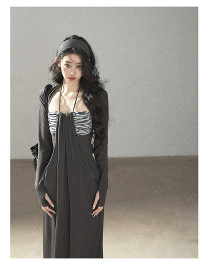 AOMALM - "Twilight River Cove" Cloud Mist Gray Striped Knit Shoulder Wrap Dress Set
