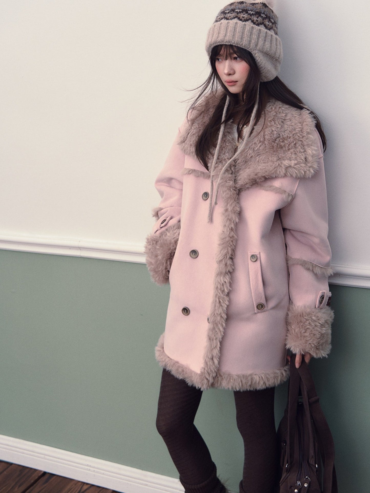 Soote Season - Oversized Korean-Style Faux Suede Shearling Collar Mid-Length Coat - Mist Pink