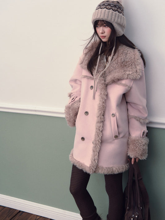 Soote Season - Oversized Korean-Style Faux Suede Shearling Collar Mid-Length Coat - Mist Pink