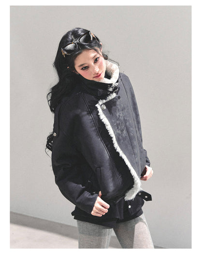 少也眼 "Time’s Hidden Reef" Faux Fur-Lined Cotton Jacket with Belt 8731321