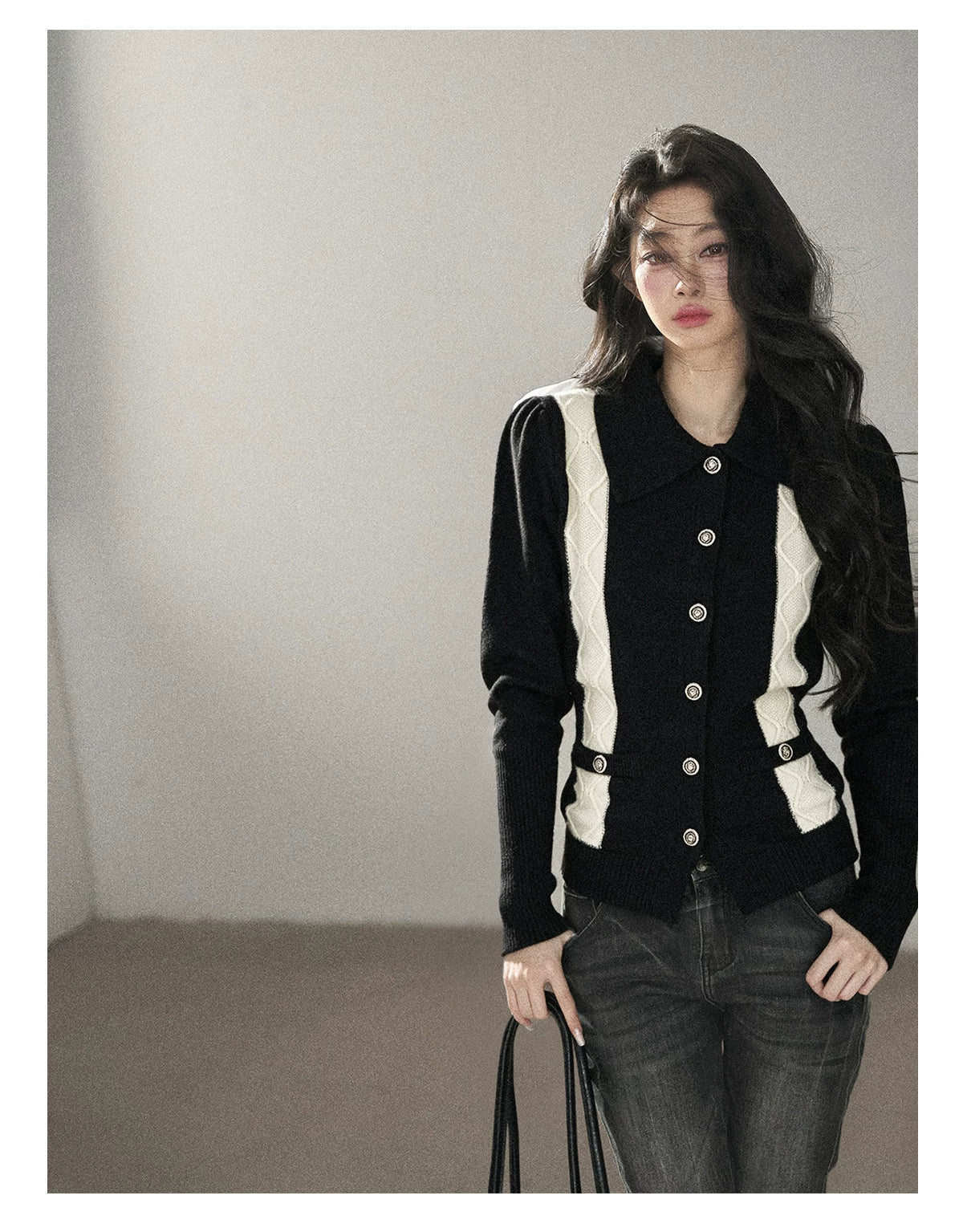 AOMALM - "Nocturne of Pine & Cypress" Black & White Contrast Knit Cardigan with Notched Collar