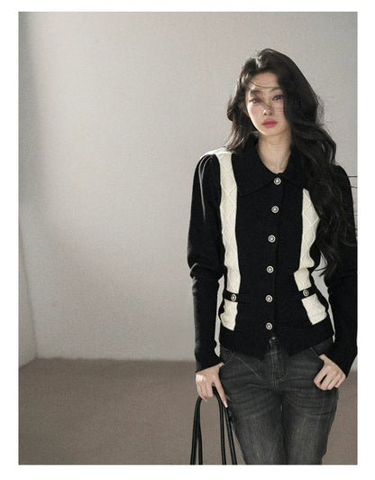 AOMALM - "Nocturne of Pine & Cypress" Black & White Contrast Knit Cardigan with Notched Collar