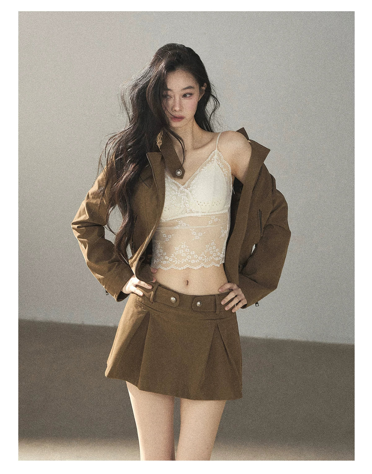 AOMALM - "Olive Autumn" Brown Faux Leather Jacket & Pleated Skirt Set