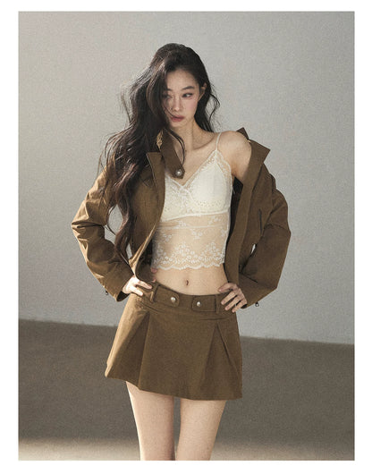 AOMALM - "Olive Autumn" Brown Faux Leather Jacket & Pleated Skirt Set